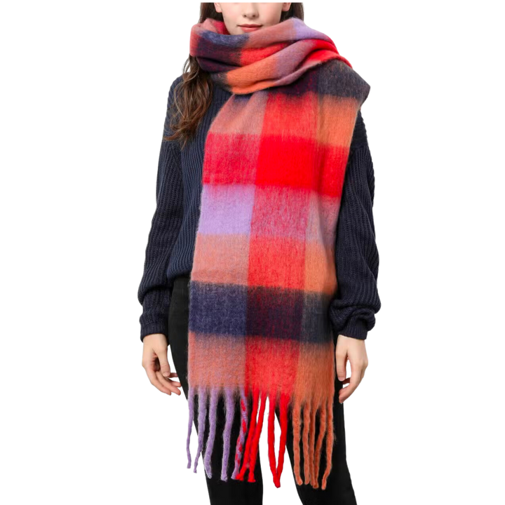 Plaid Long Fringe Fuzzy Scarf