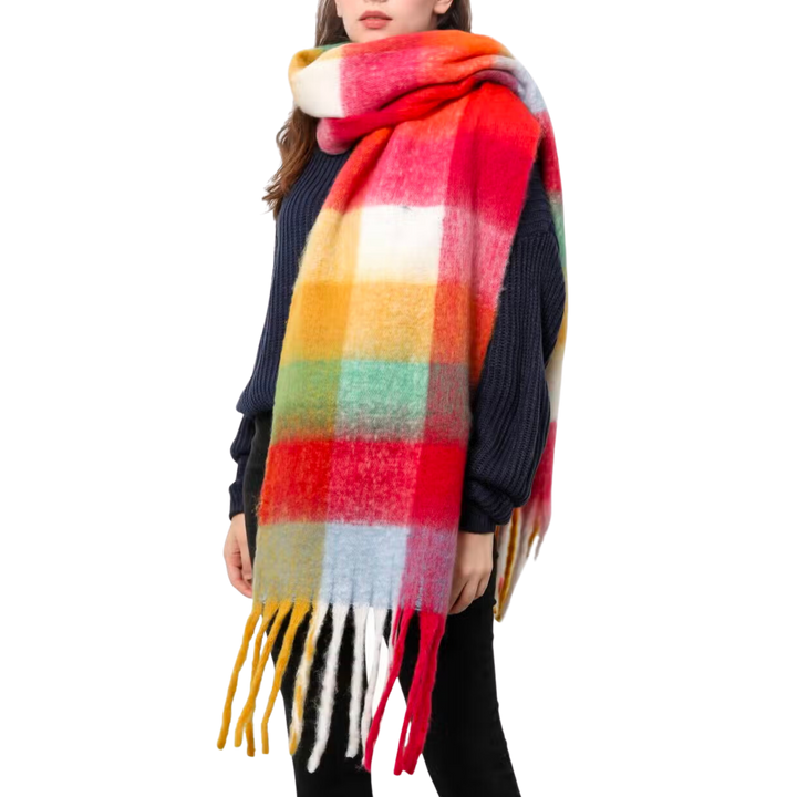 Plaid Long Fringe Fuzzy Scarf