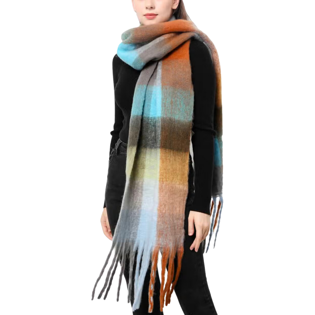 Plaid Long Fringe Fuzzy Scarf