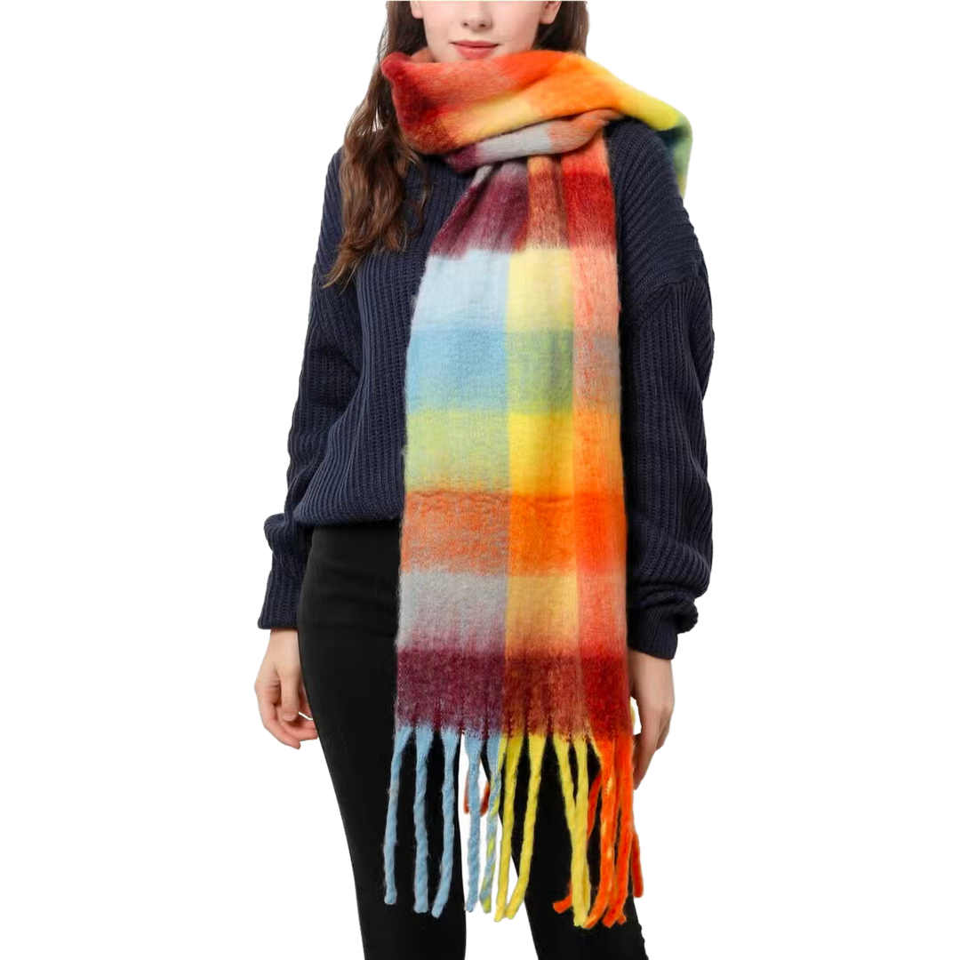 Plaid Long Fringe Fuzzy Scarf