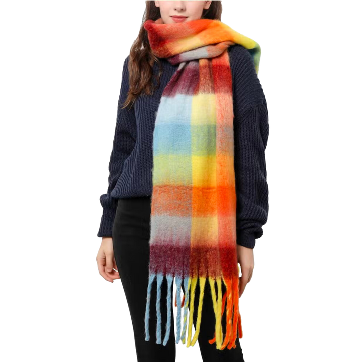 Plaid Long Fringe Fuzzy Scarf