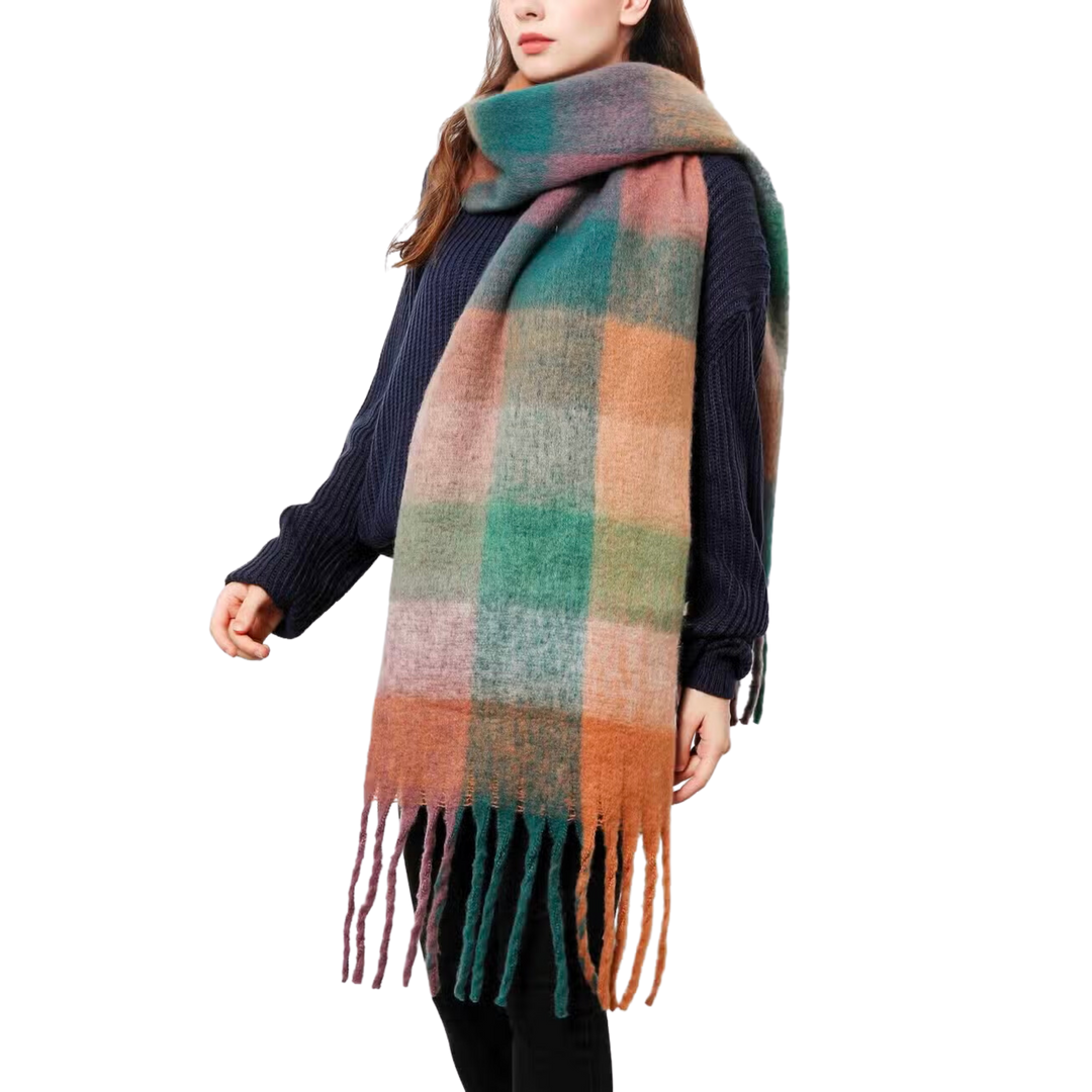 Plaid Long Fringe Fuzzy Scarf