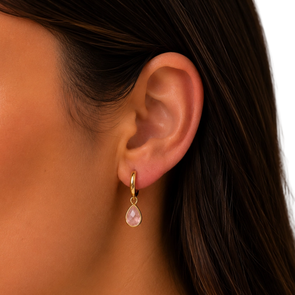 Teardrop Charm Hoop Earrings - Rose Quartz
