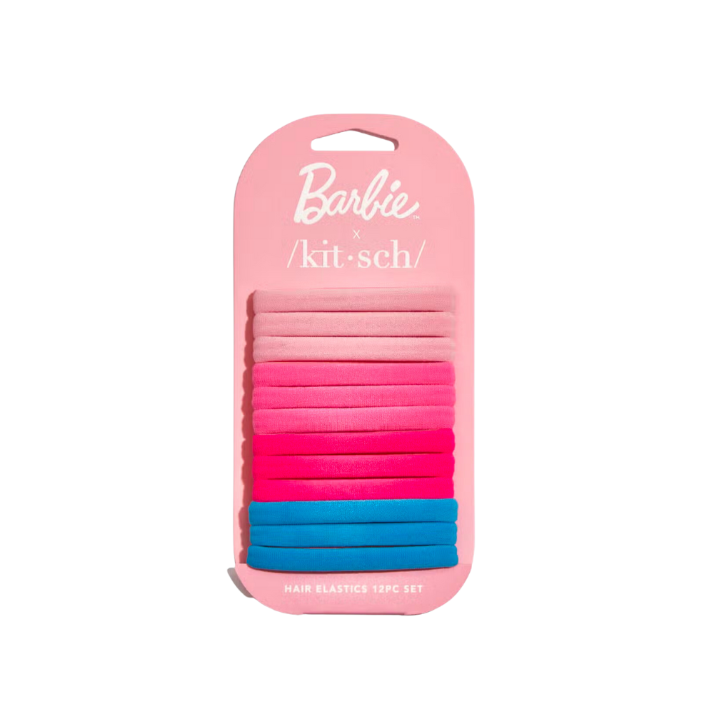 Assorted pink and blue colored nylon elastics.