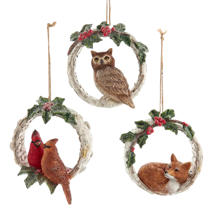 Cardinals, Owl, Fox in Tree Hole Ornaments