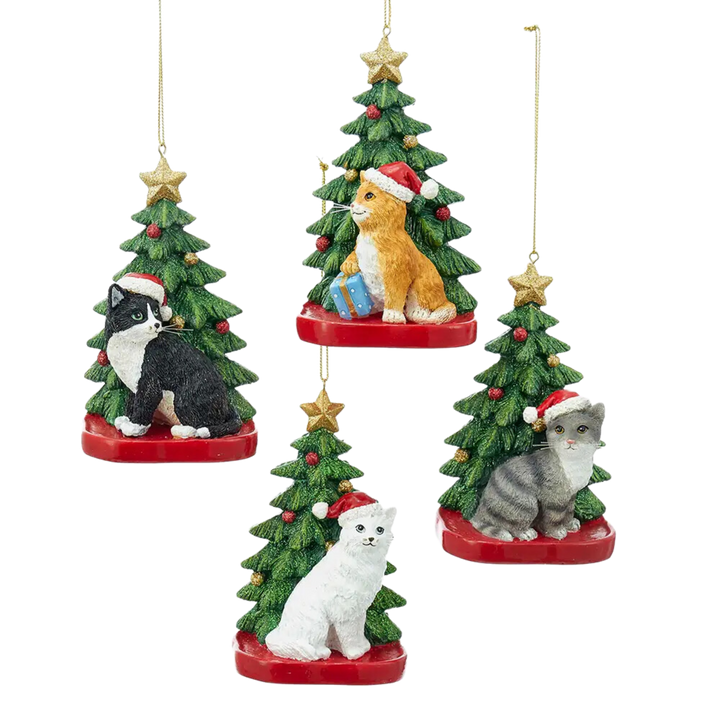 Resin Cat with Christmas Tree Ornament