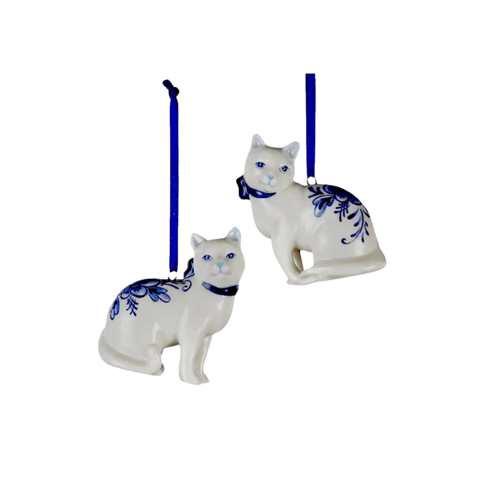 Porcelain Delft Blue Cat Ornament