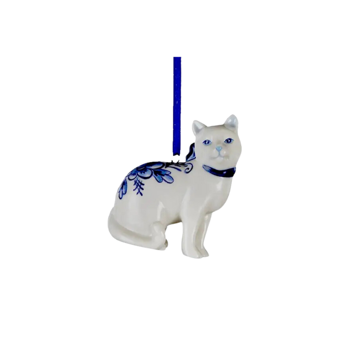 Porcelain Delft Blue Cat Ornament