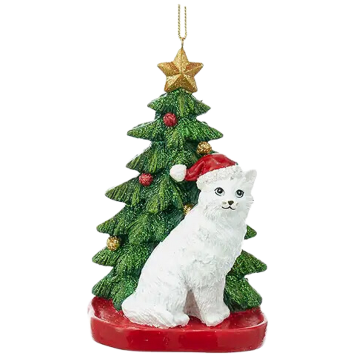 Resin Cat with Christmas Tree Ornament