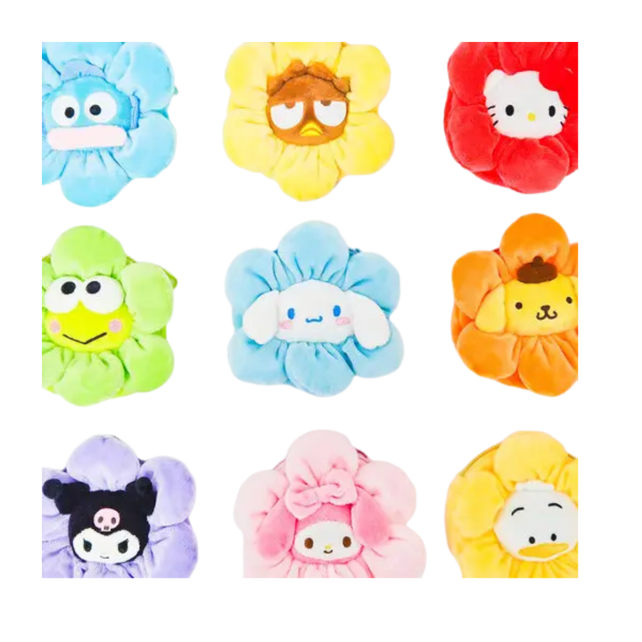 Sanrio Charaters Flower Plush Purse, Key Chain Zipper Charm