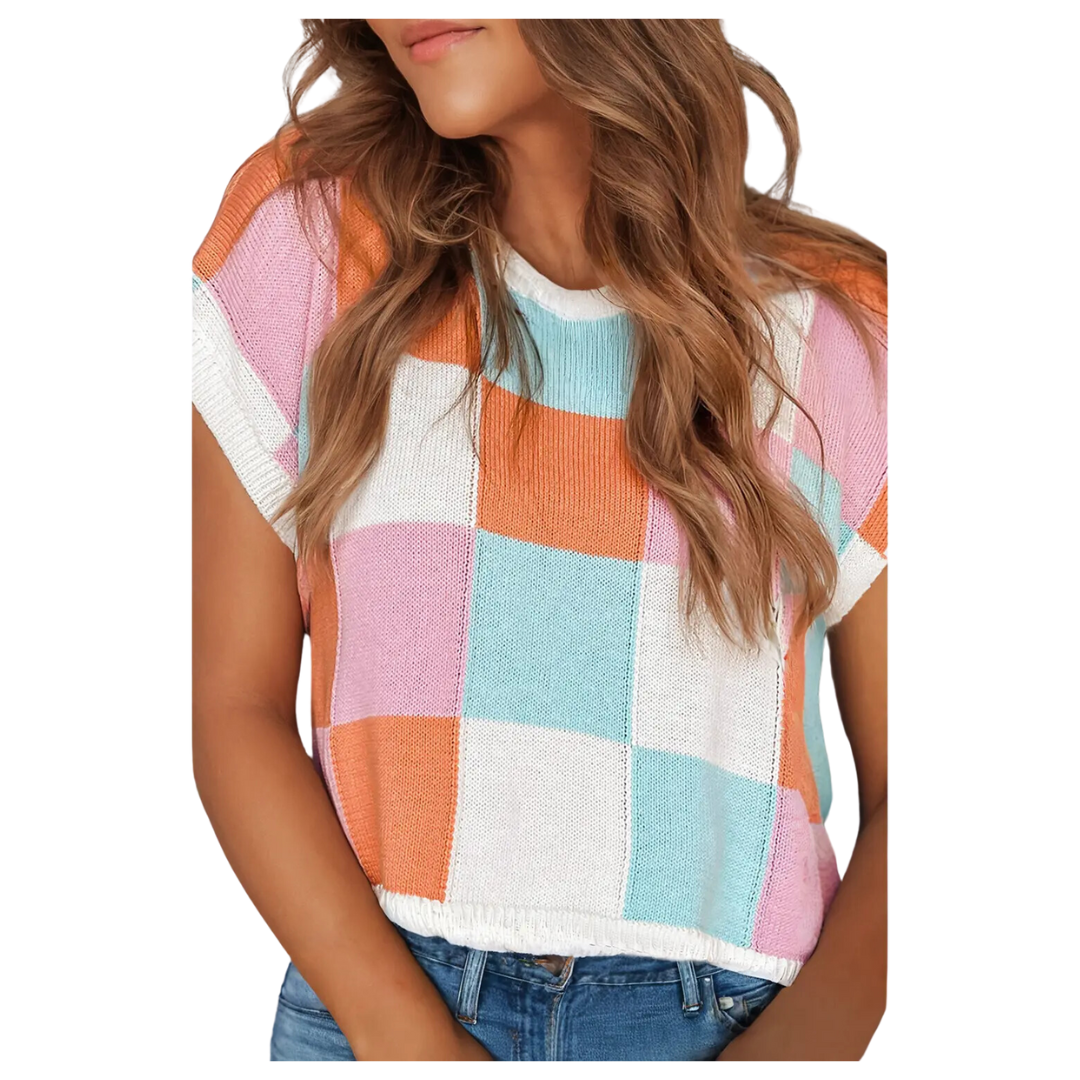 Color Block Cap Sleeve Sweater-Grapefruit Orange