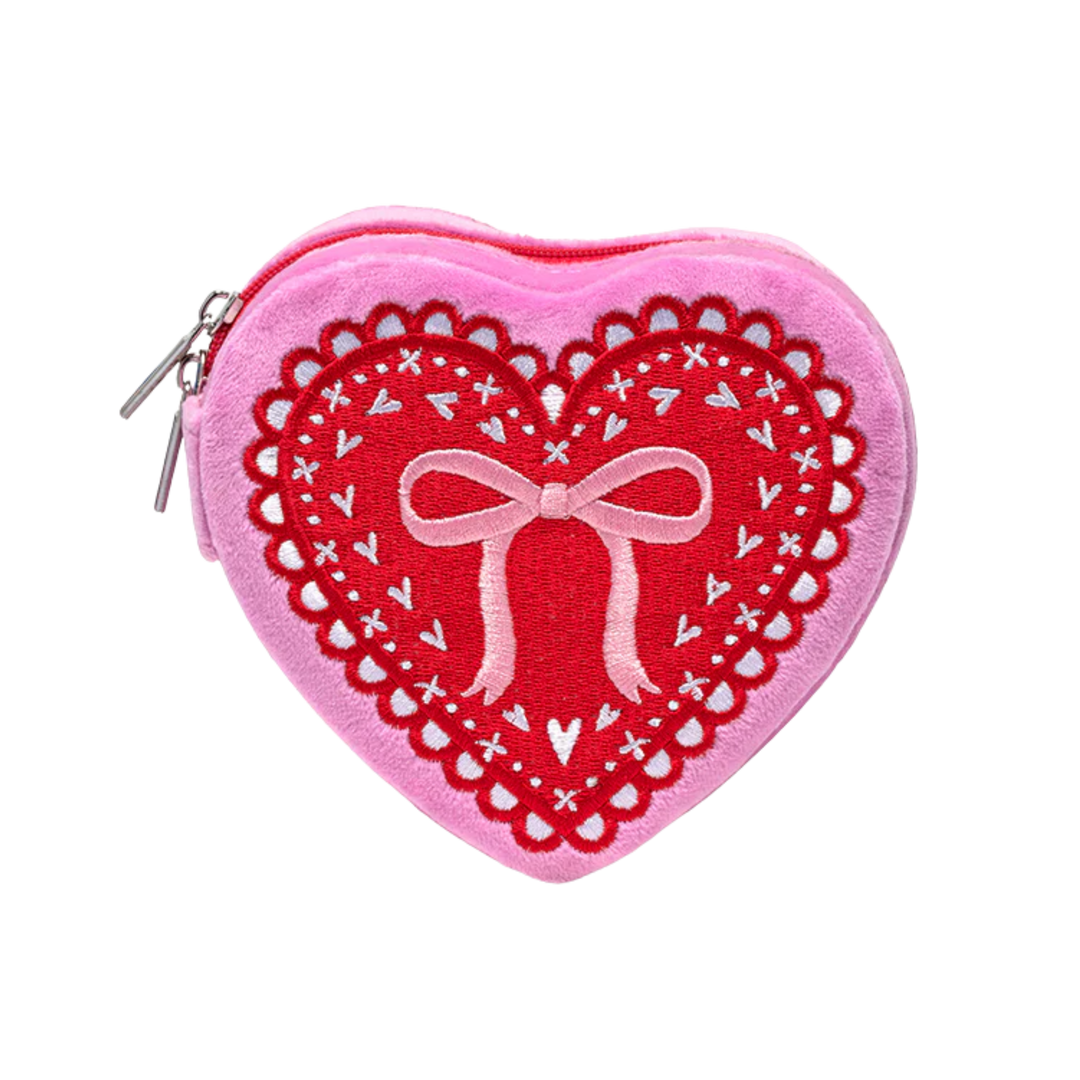 Heart with Bow Velvet Zip Jewelry Case