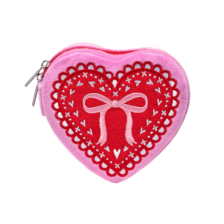 Heart with Bow Velvet Zip Jewelry Case