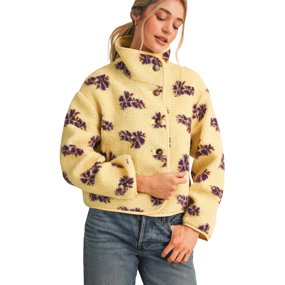 Floral Faux Sherpa Jacket with Piping