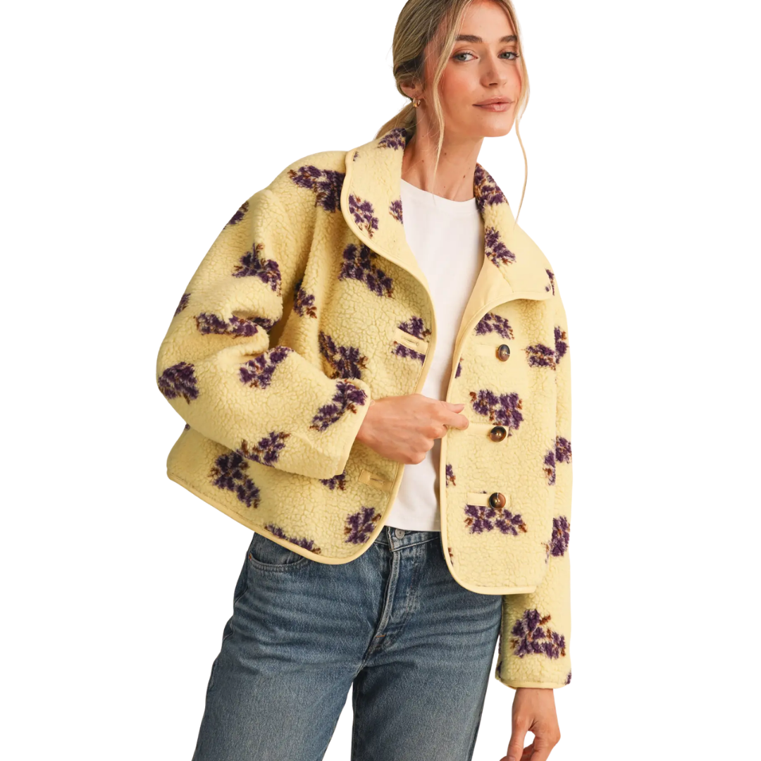Floral Faux Sherpa Jacket with Piping