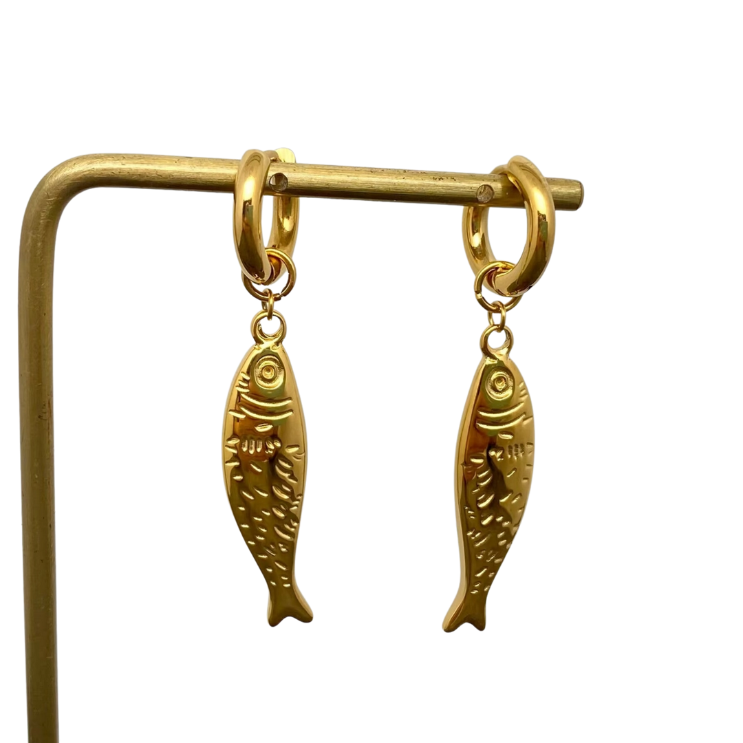 Fish Charm 18K Gold Plated Huggie Earrings