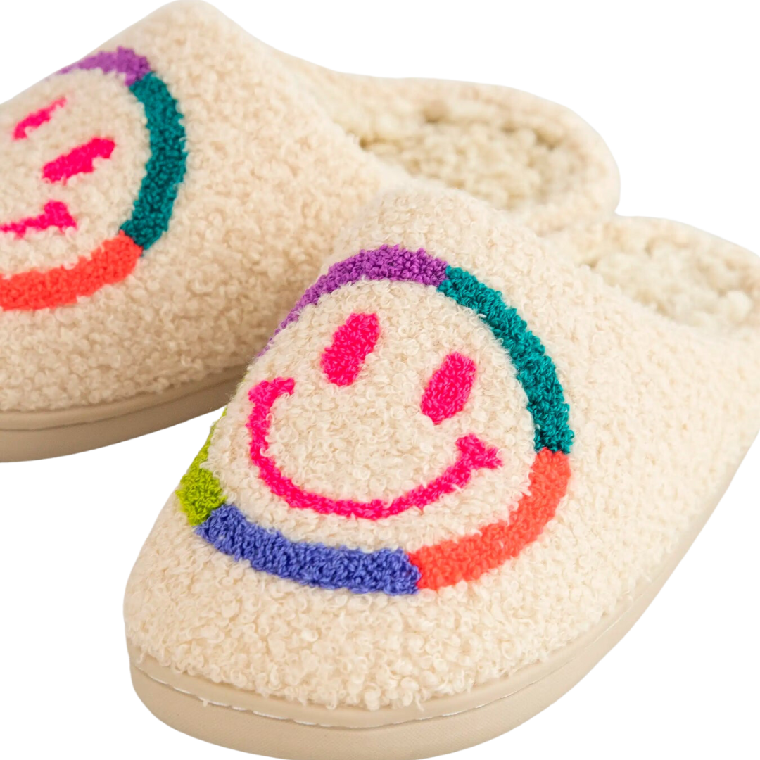 Neon Smiley Sherpa Slippers