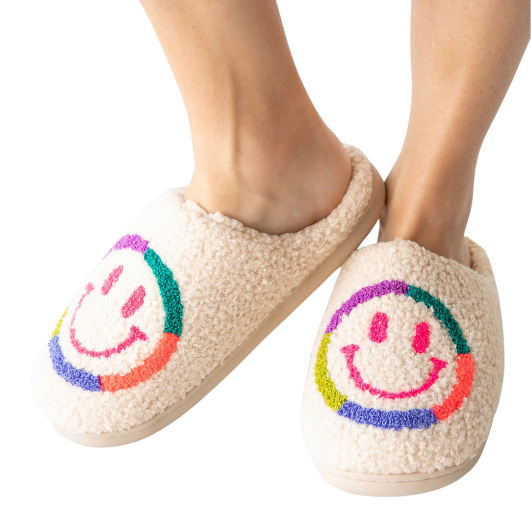 Neon Smiley Sherpa Slippers