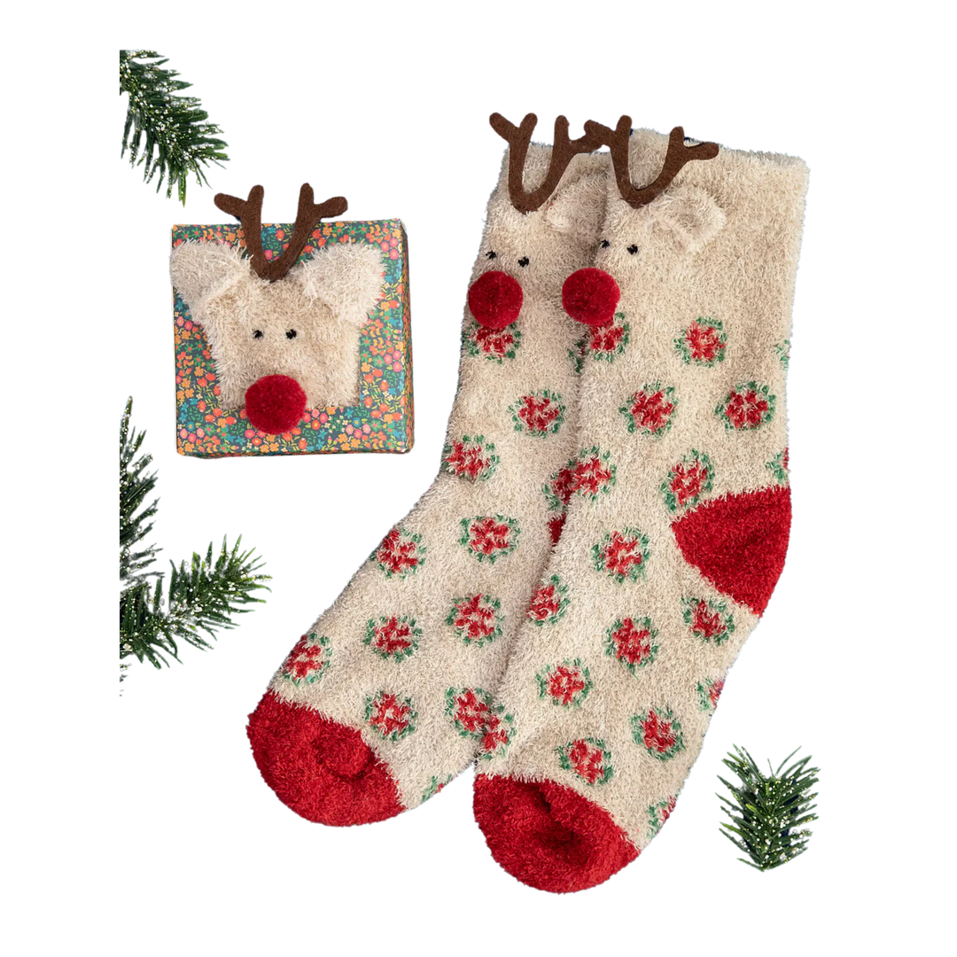 Boxed Cozy Critter Socks - Reindeer