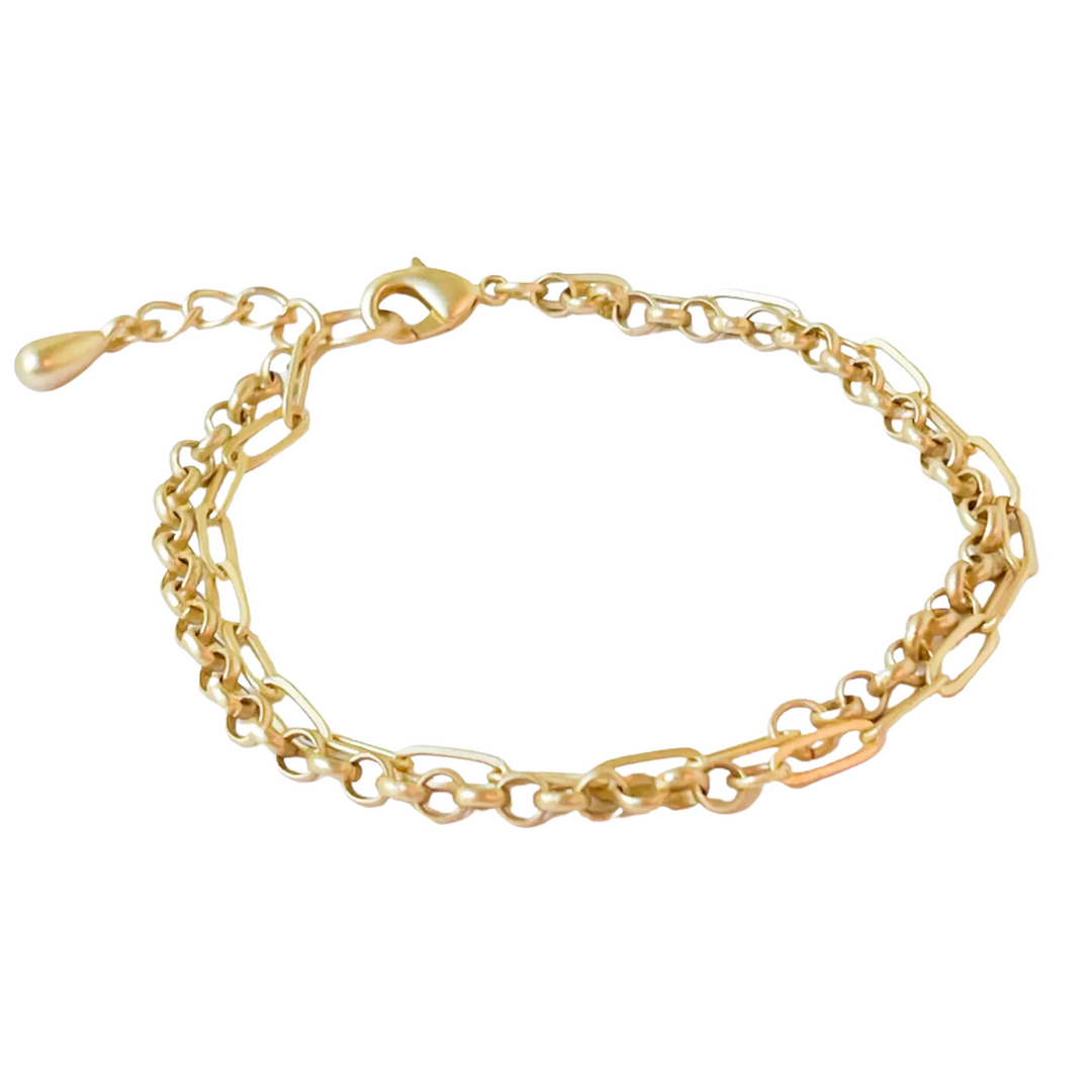 Adjustable Double Chain Gold Paperclip and Rolo Bracelet