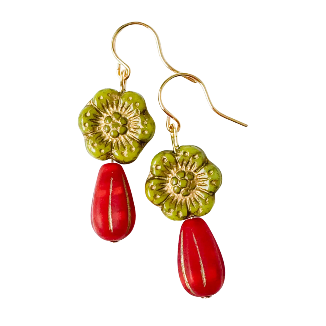 Festive Big Green & Red Flower Earrings for the Holidays