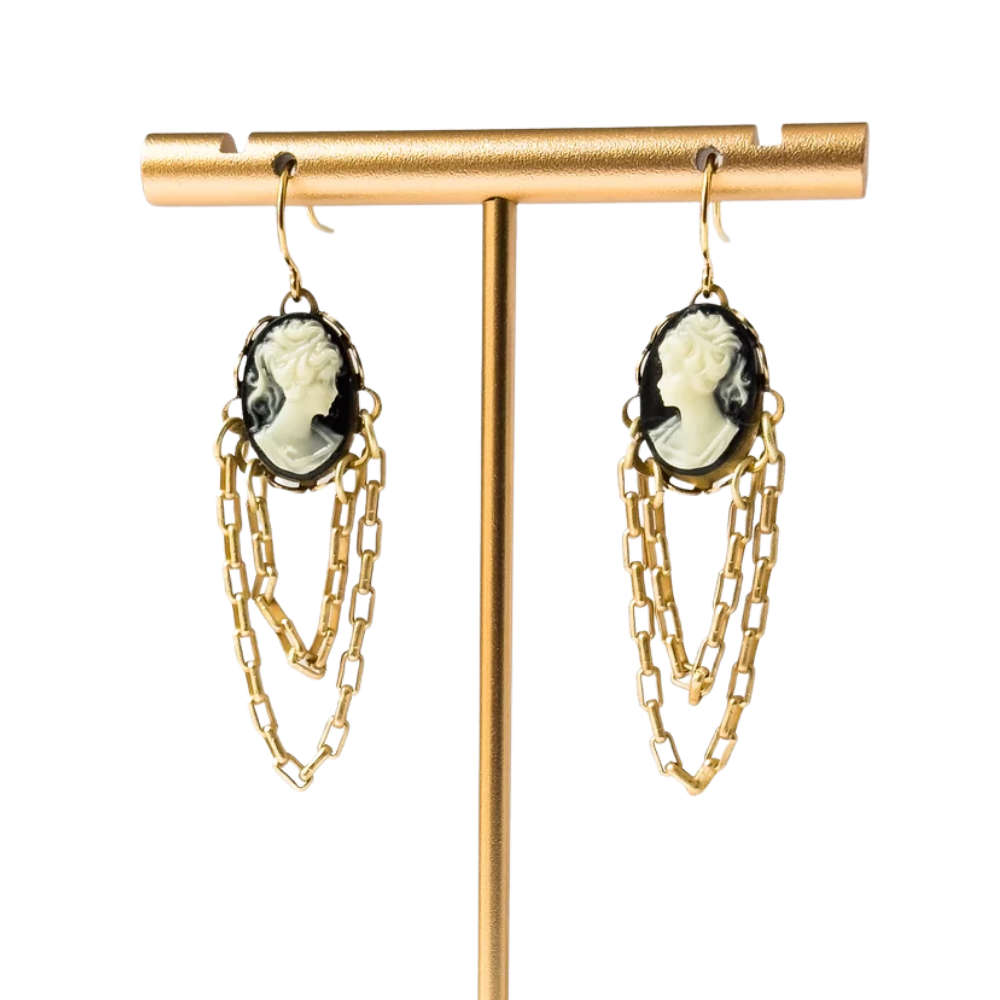 Cameo Earrings with Double Gold Chains