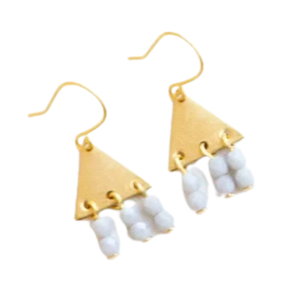 Colorful Brass Triangle Geometric Earrings with Beaded Fringe