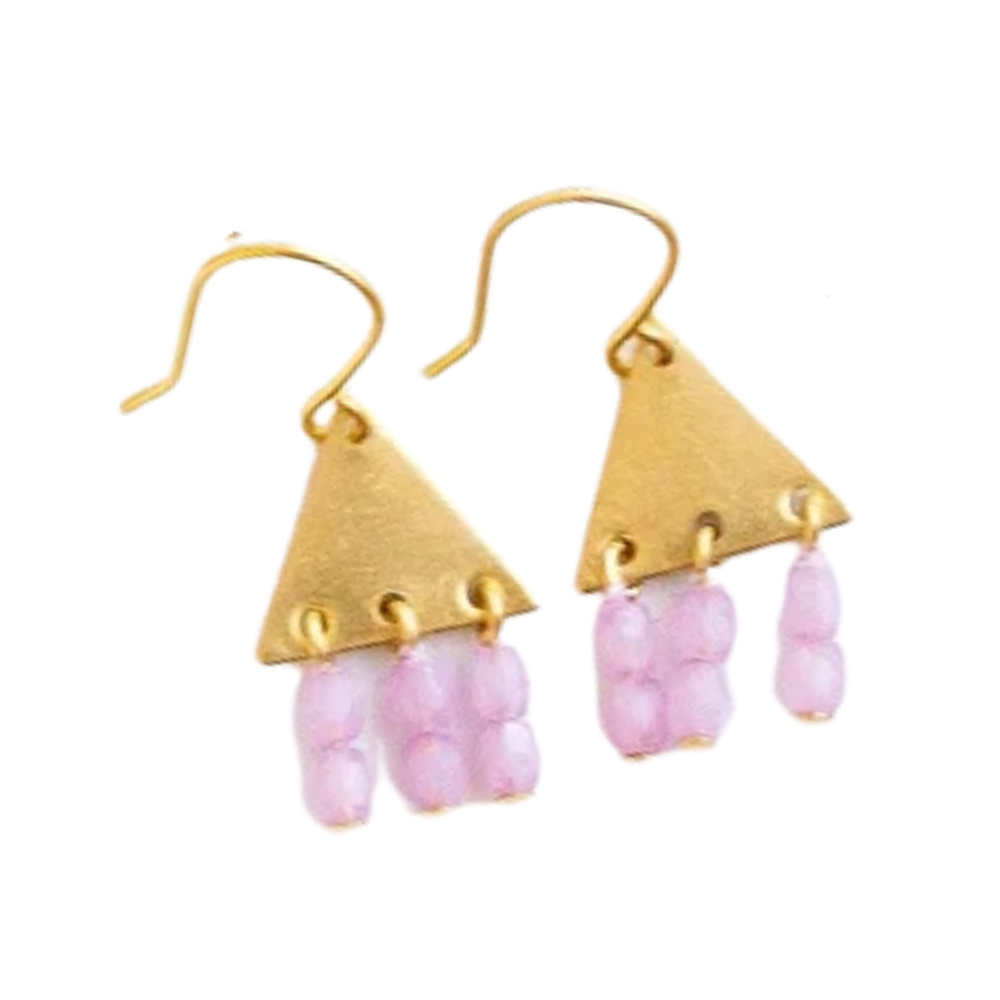 Colorful Brass Triangle Geometric Earrings with Beaded Fringe