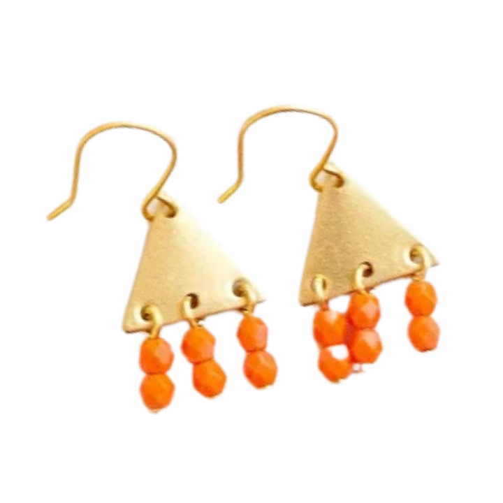 Colorful Brass Triangle Geometric Earrings with Beaded Fringe