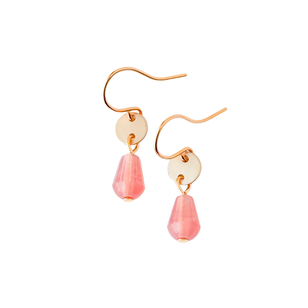Gold Disc Earrings Pink Glass Drop Tiny Dainty Minimal
