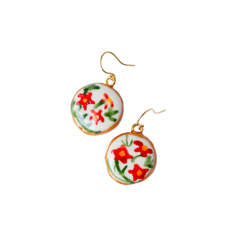 Hand Painted Floral Drop Earrings Gold Plated