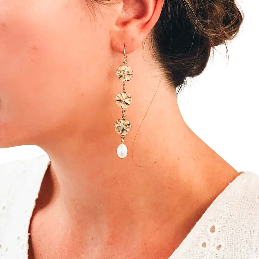 Pearl and Three Flowers Dangle Earrings