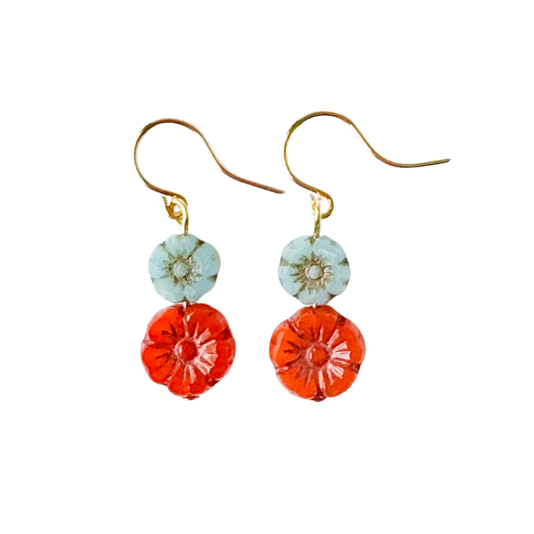 Blue and Orange Glass Flower Earrings