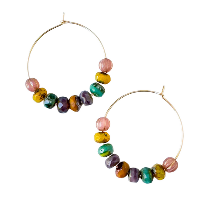 Gold-filled Hoops with small Vibrant Colorful beads for winter