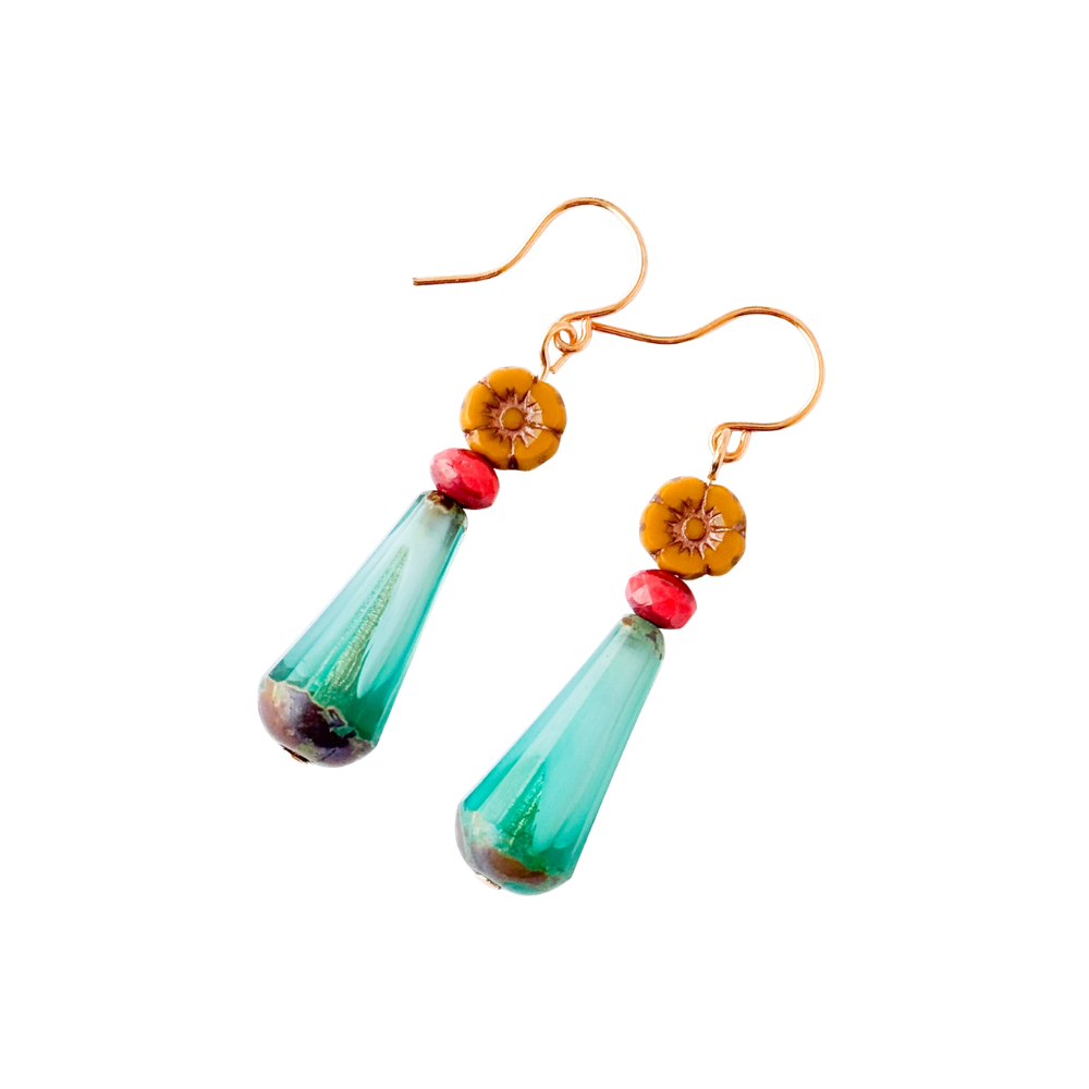 Glass Flower Bead Drop Earrings with Colorful Glass Accents