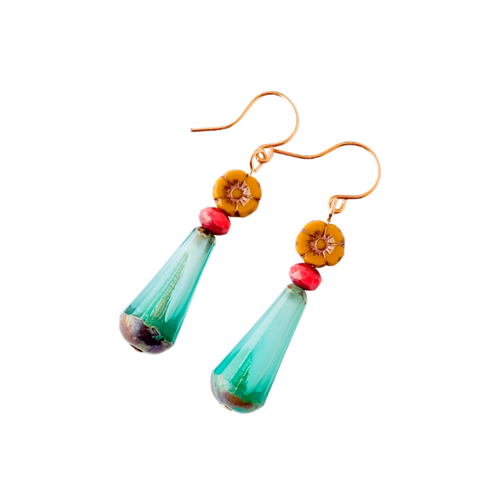 Glass Flower Bead Drop Earrings with Colorful Glass Accents
