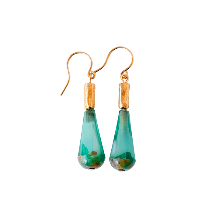 Long Czech Glass Teardrop Earrings with Antiqued Gold Accent