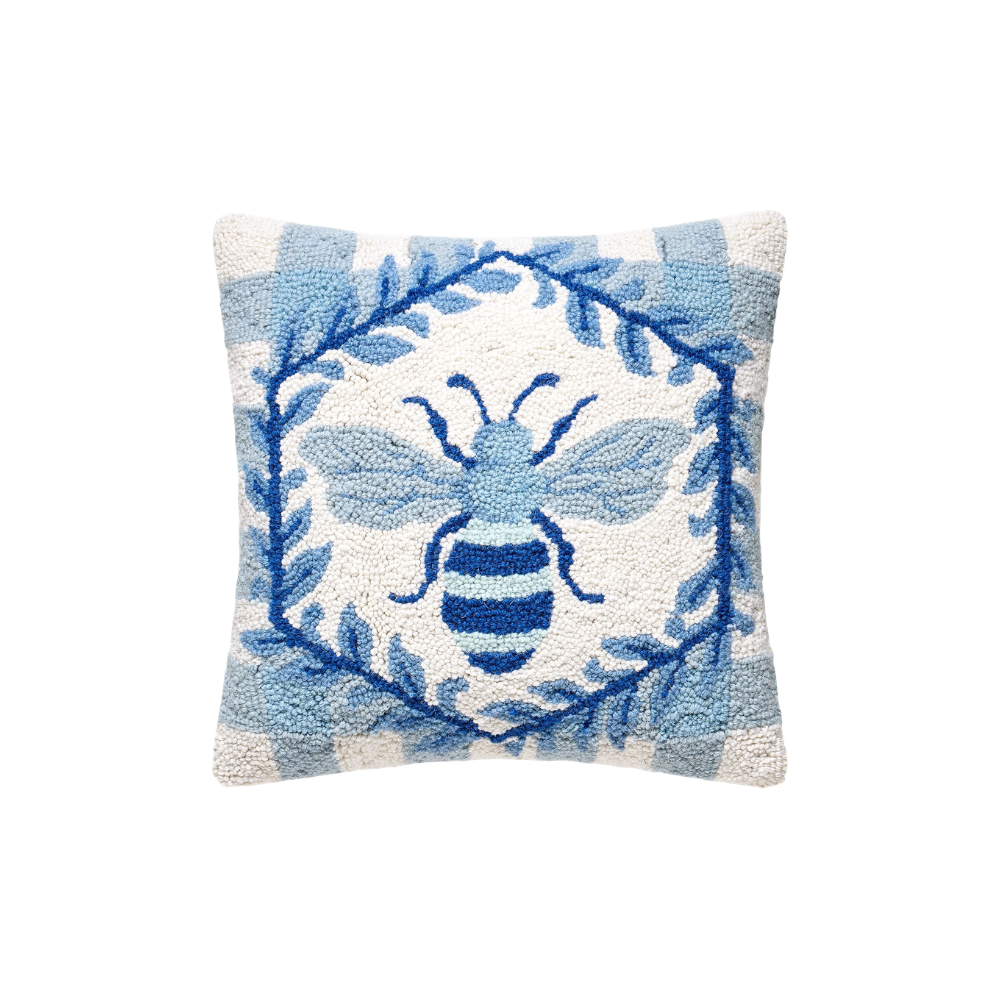 Gingham Blue Bee Hook Pillow