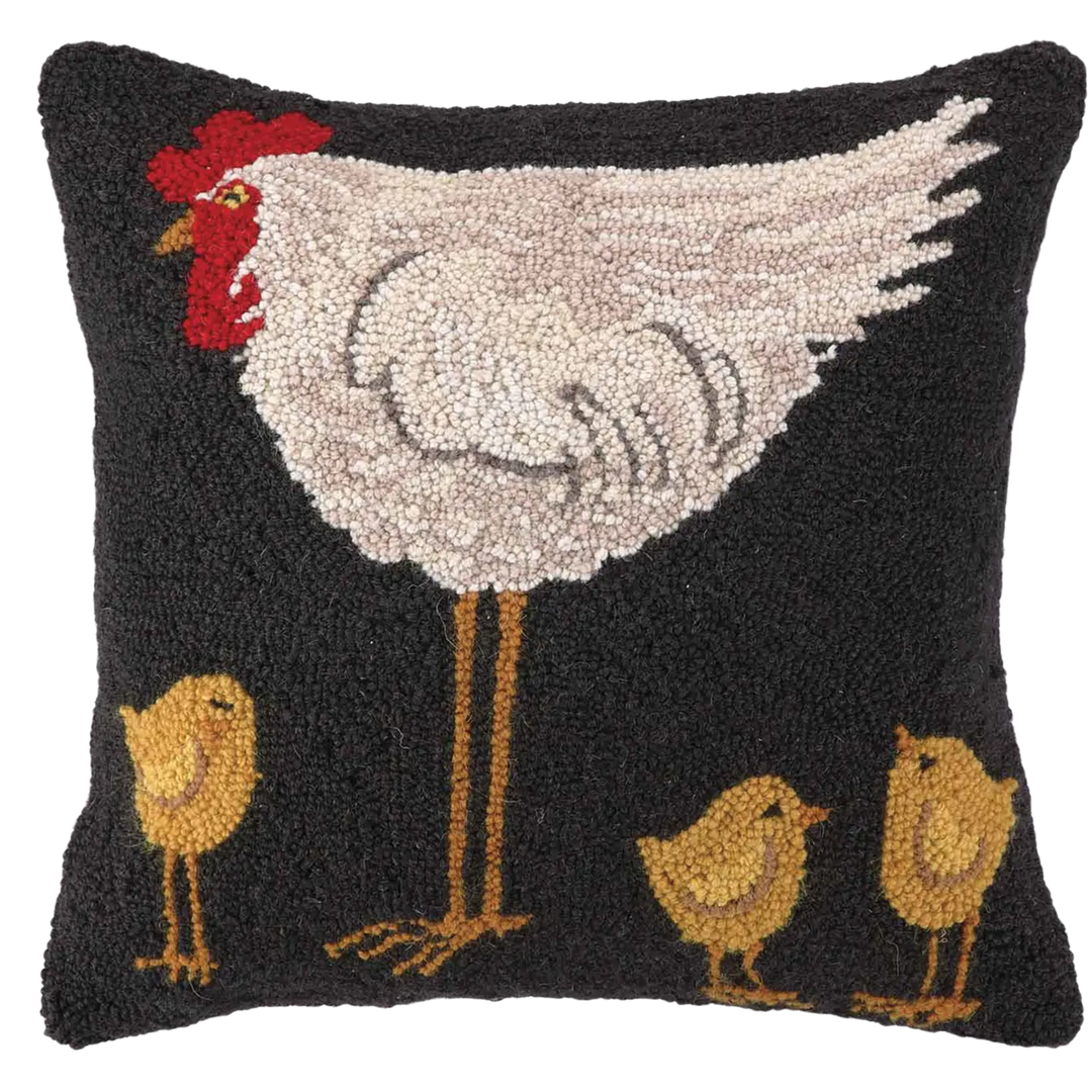 Hen with Three Chicks Hook Pillow