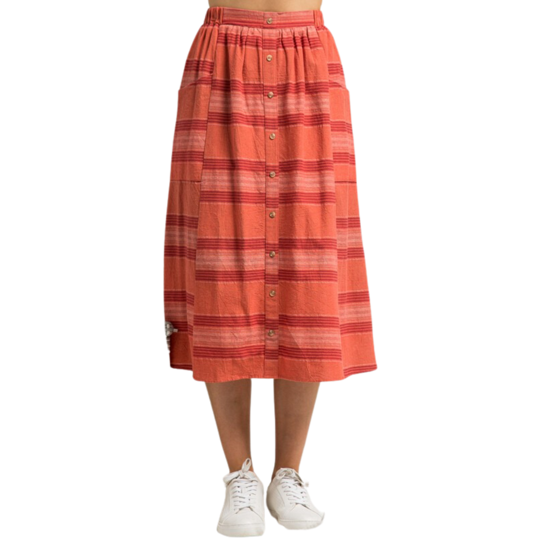 Faux Button Striped Midi Skirt