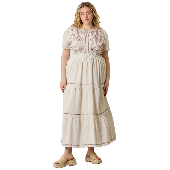 Embroided Floral Print Maxi Tiered Dress