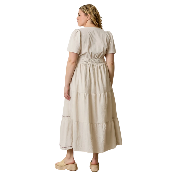 Embroided Floral Print Maxi Tiered Dress