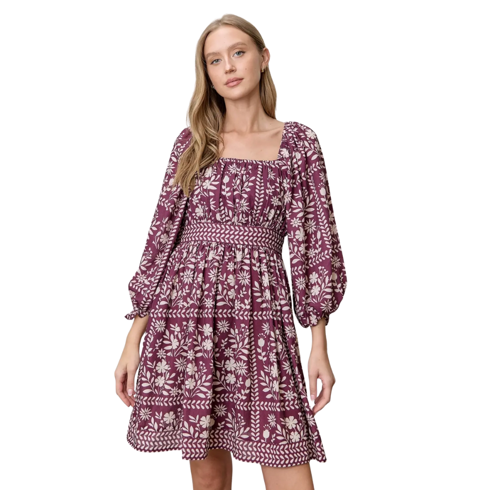 Border Floral Square Neck Mini Dress
