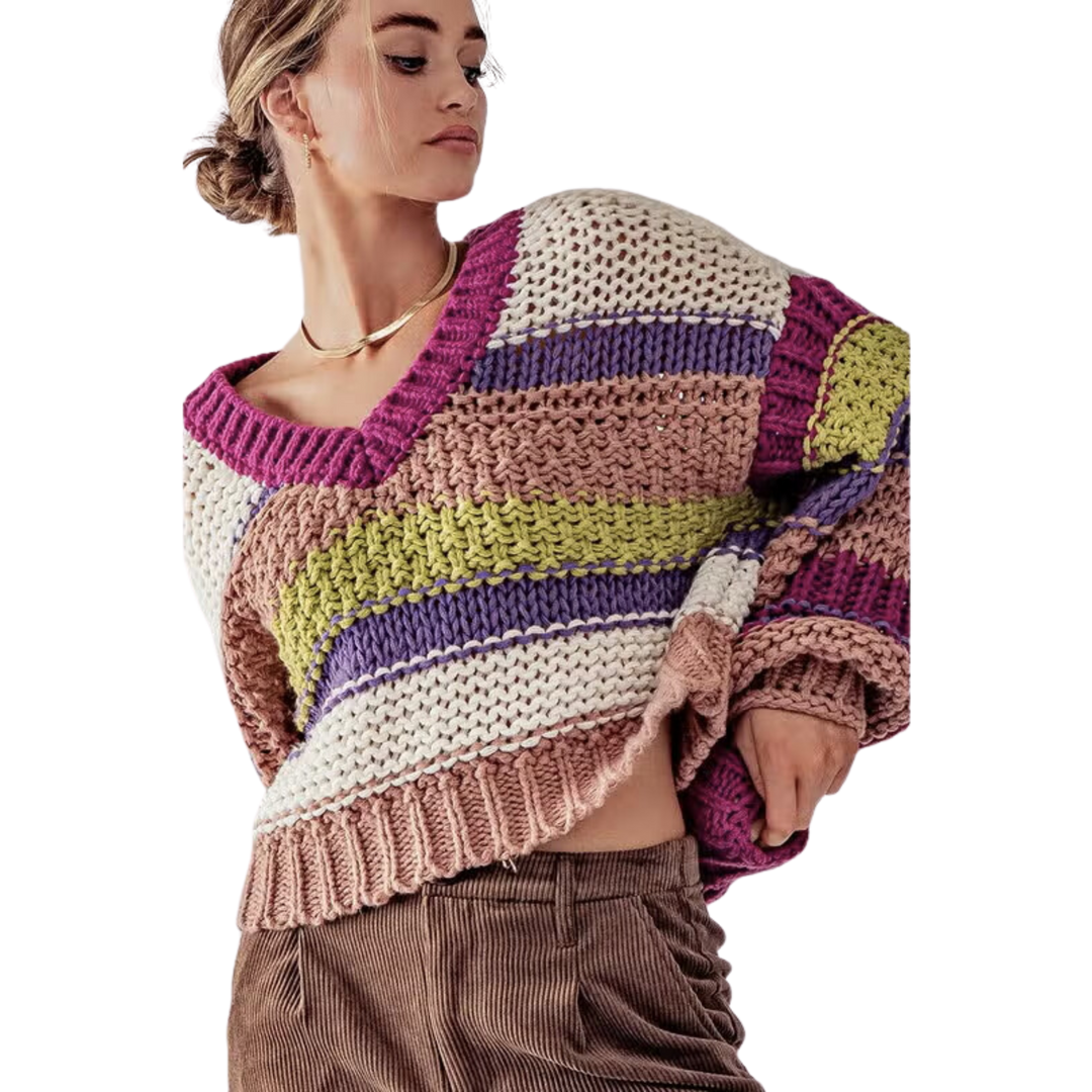 Multi Color Stripe Chunky Knit Sweater - Fuchsia