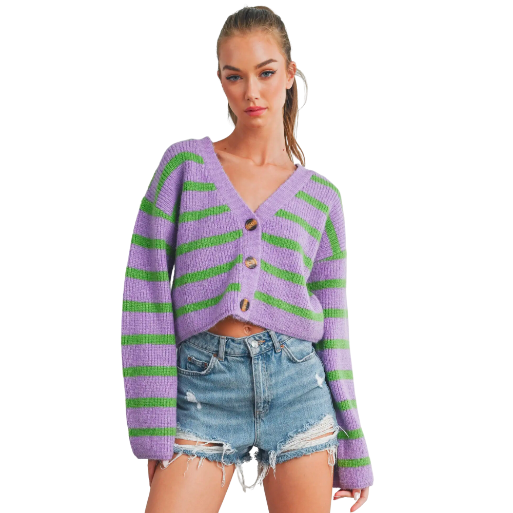 Stripe Color Block Crop Cardigan - Purple/Green
