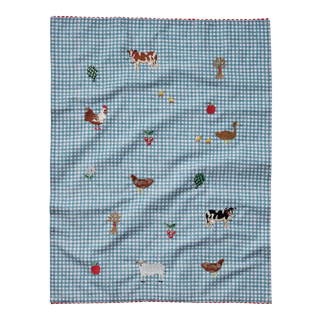 Country Farm Gingham Embroidered Tea Towel
