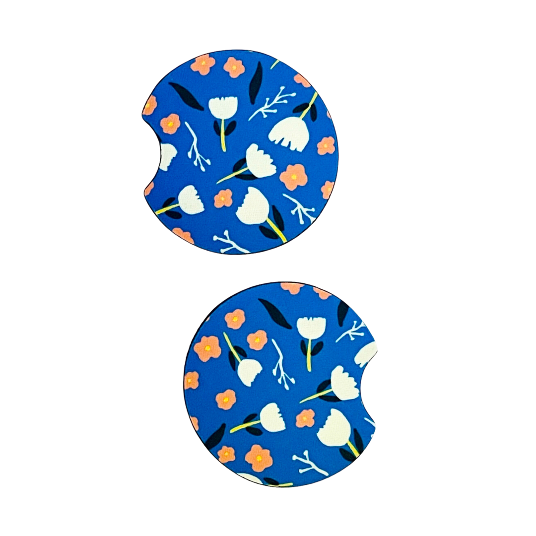 2 Car Coasters, Blue Scandinavian Floral Design