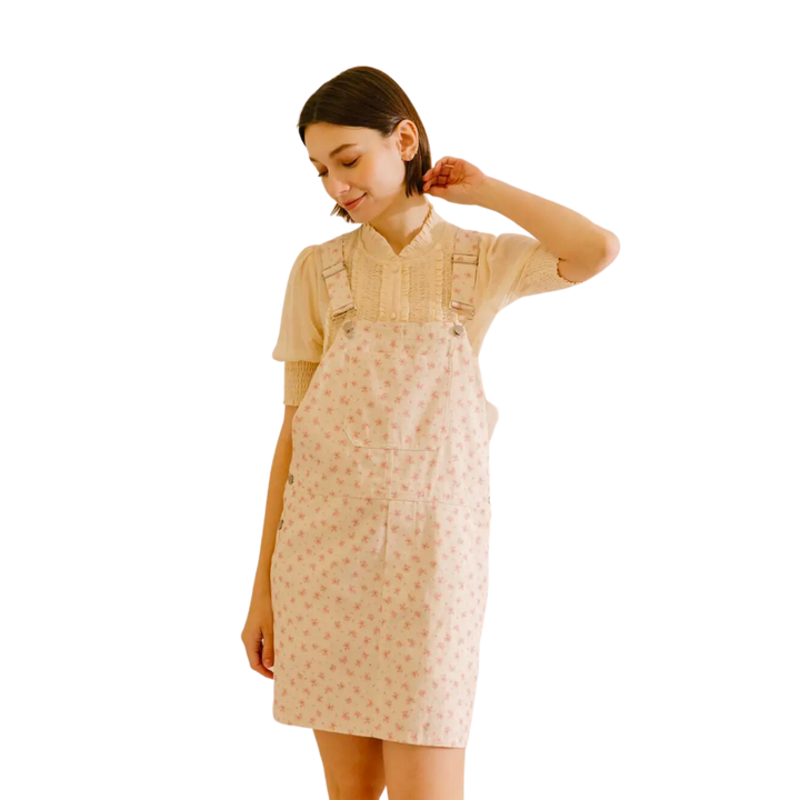Light Denim Cream Pink Floral Mini Dress