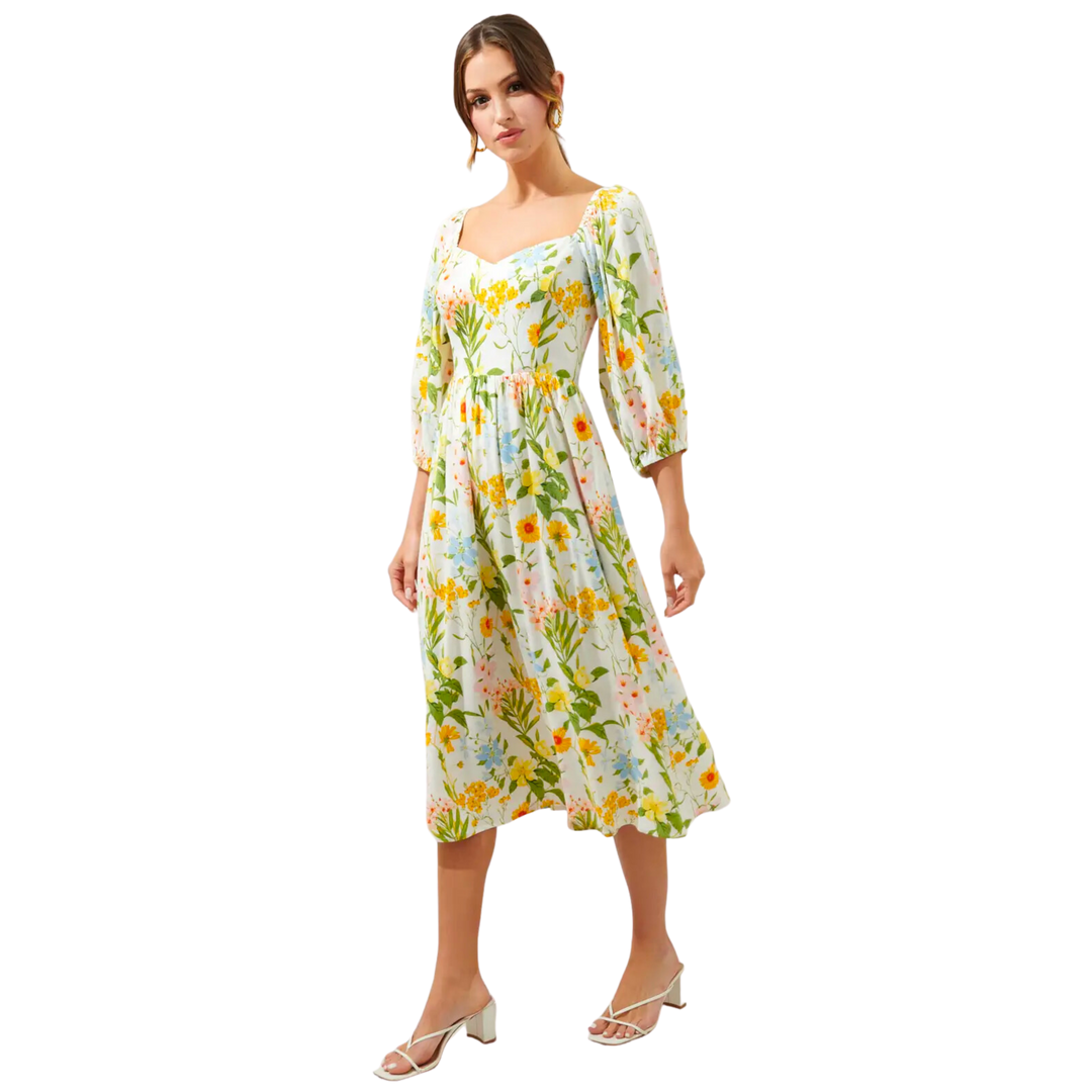 Free to Be Puff Sleeve Granger Midi Dress Green-Yellow-Blue