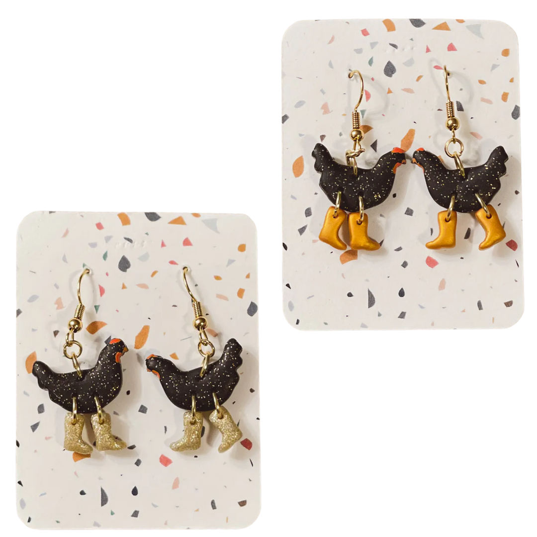 Black Sparkle Chickens with Boots Earrings